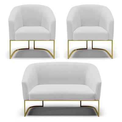Namoradeira E 2 Poltronas Base Industrial Dourado Stella Linho Cinza A05 D03 - D'rossi