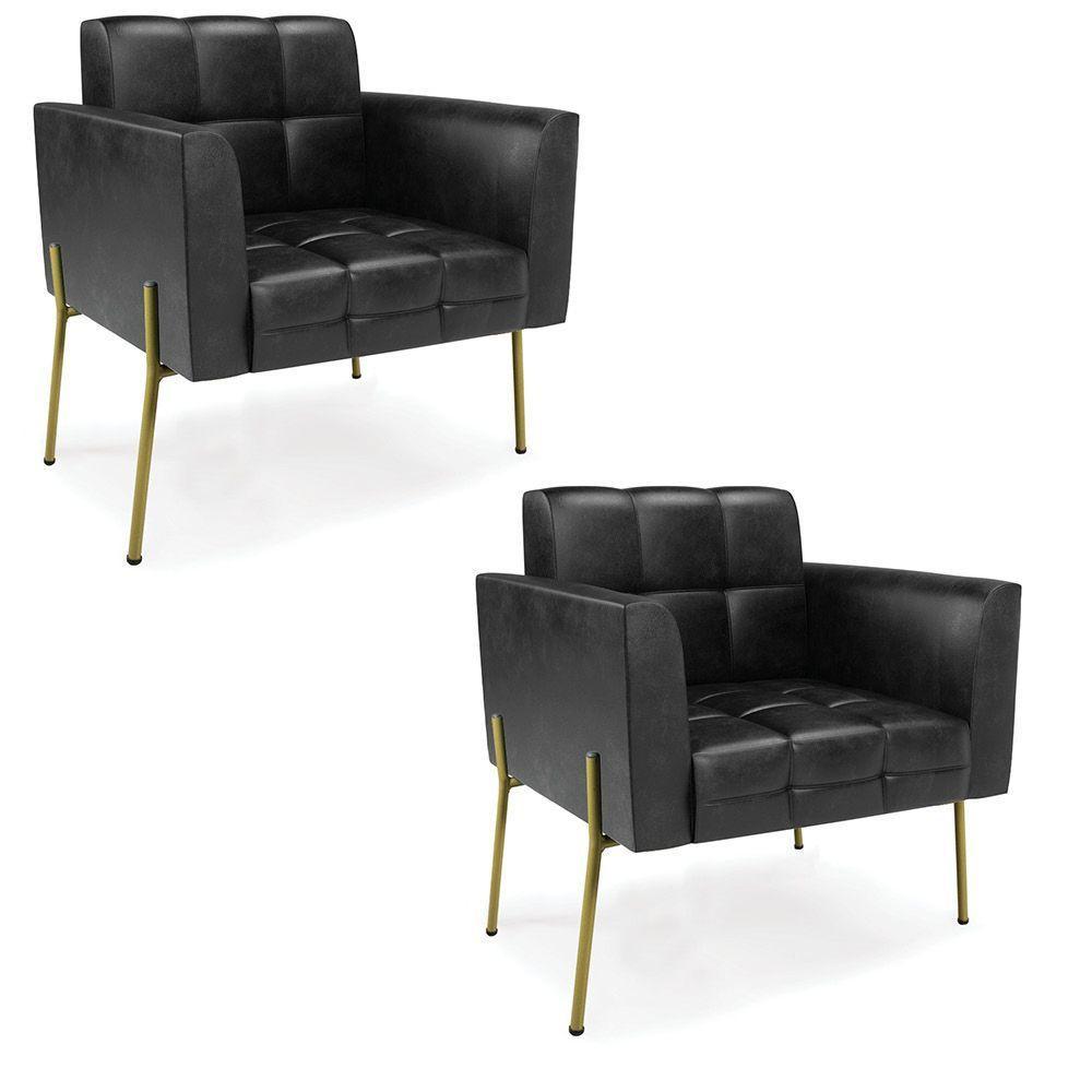 Poltrona Pé De Ferro Dourado Para Sala Kit 2 Elisa Corano D03 - D'rossi Cor Preto - 1