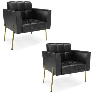Poltrona Pé De Ferro Dourado Para Sala Kit 2 Elisa Corano D03 - D'rossi Cor Preto