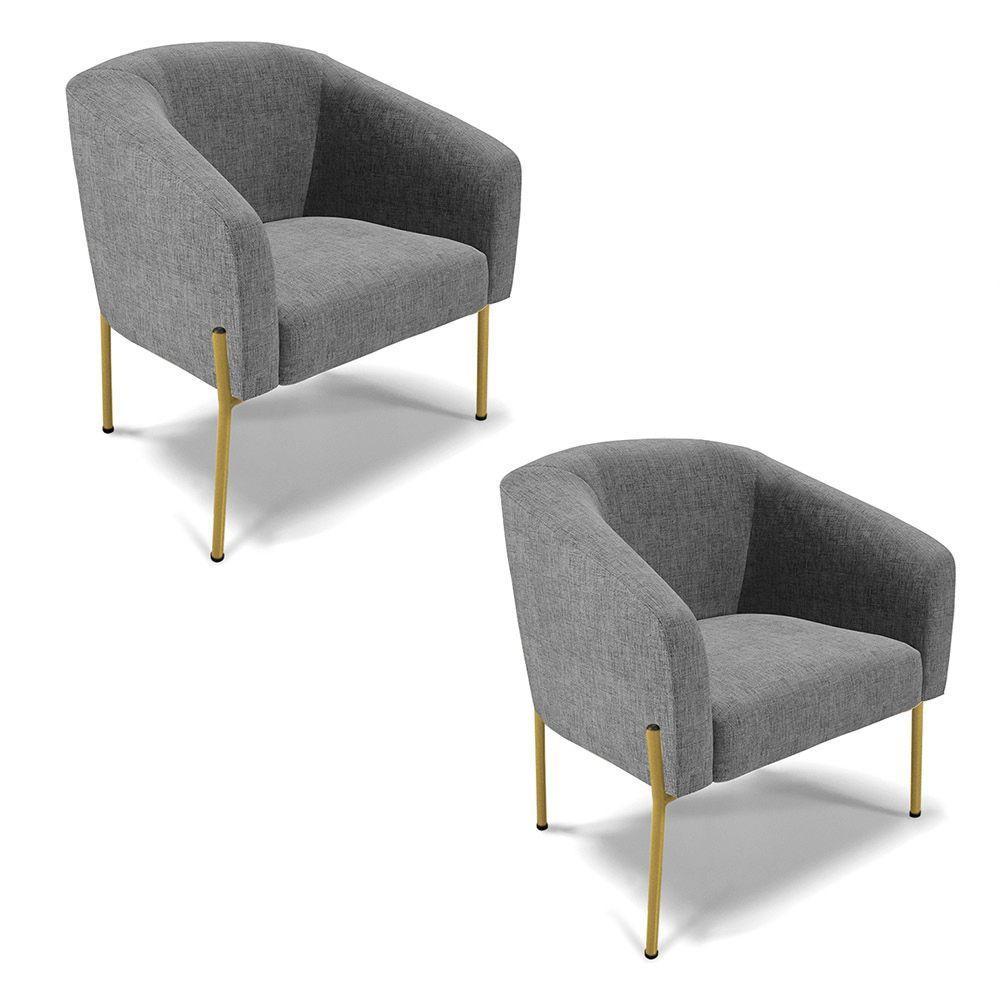 Poltrona Pé De Ferro Dourado Kit 2 Stella Linho D03 - D'rossi Cor A26 Grafite - 1