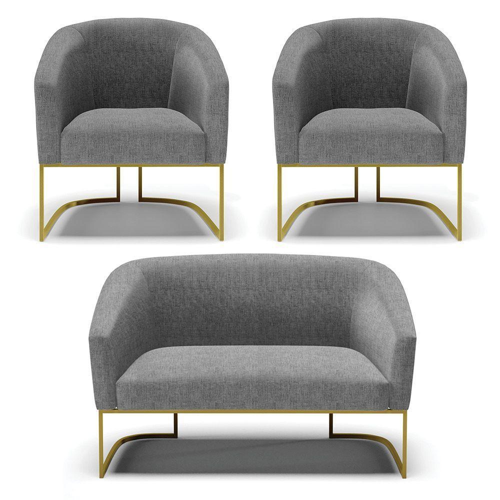 Namoradeira E 2 Poltronas Base Industrial Dourado Stella Linho Grafite A26 D03 - D'rossi - 1