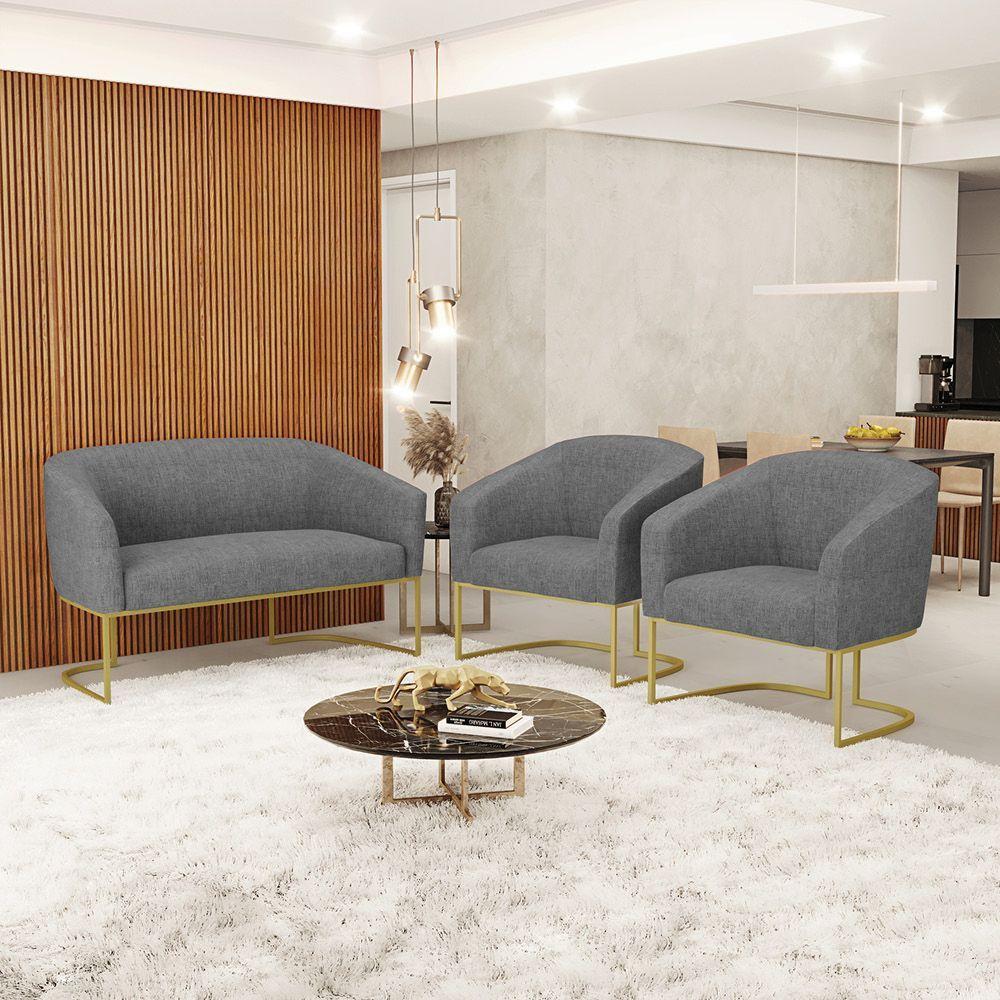 Namoradeira E 2 Poltronas Base Industrial Dourado Stella Linho Grafite A26 D03 - D'rossi - 7