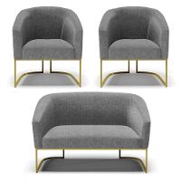 Namoradeira E 2 Poltronas Base Industrial Dourado Stella Linho Grafite A26 D03 - D'rossi - 1