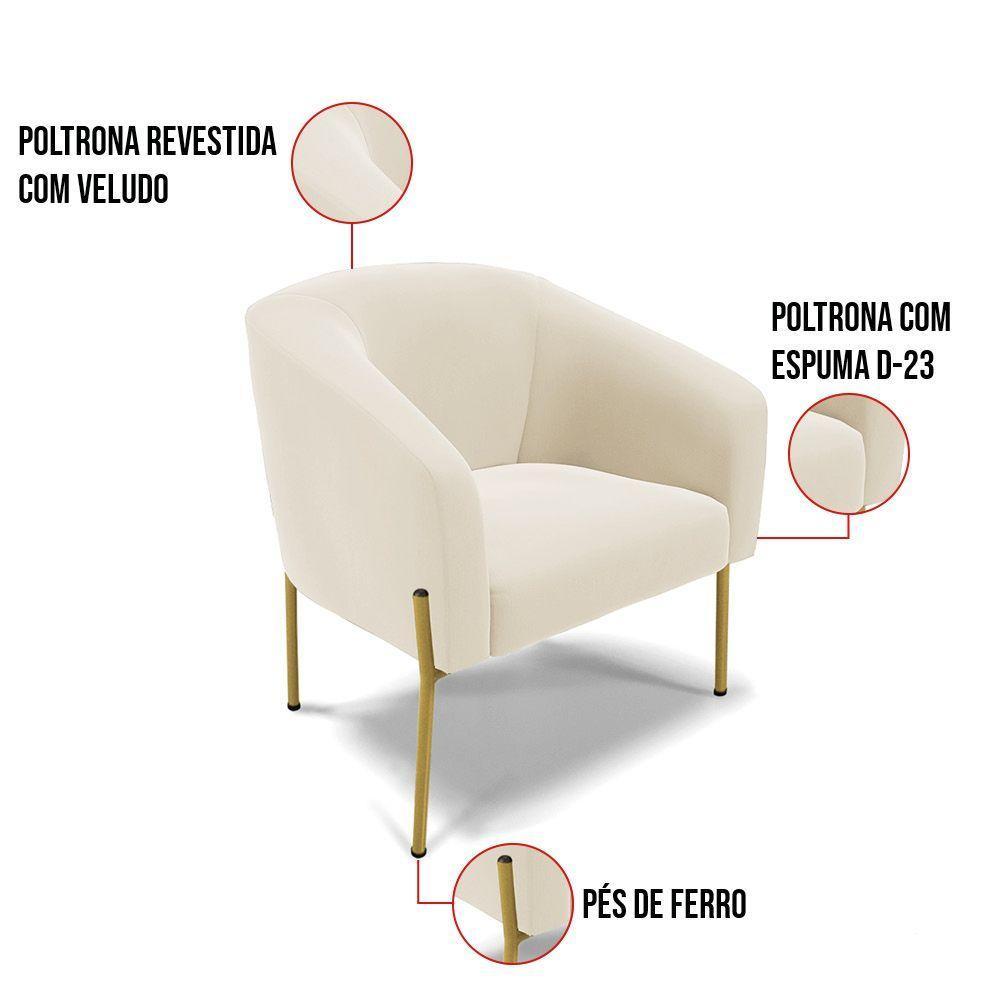 Poltrona Pé De Ferro Dourado Kit 2 Stella Veludo D03 - D'rossi Cor Bege - 3