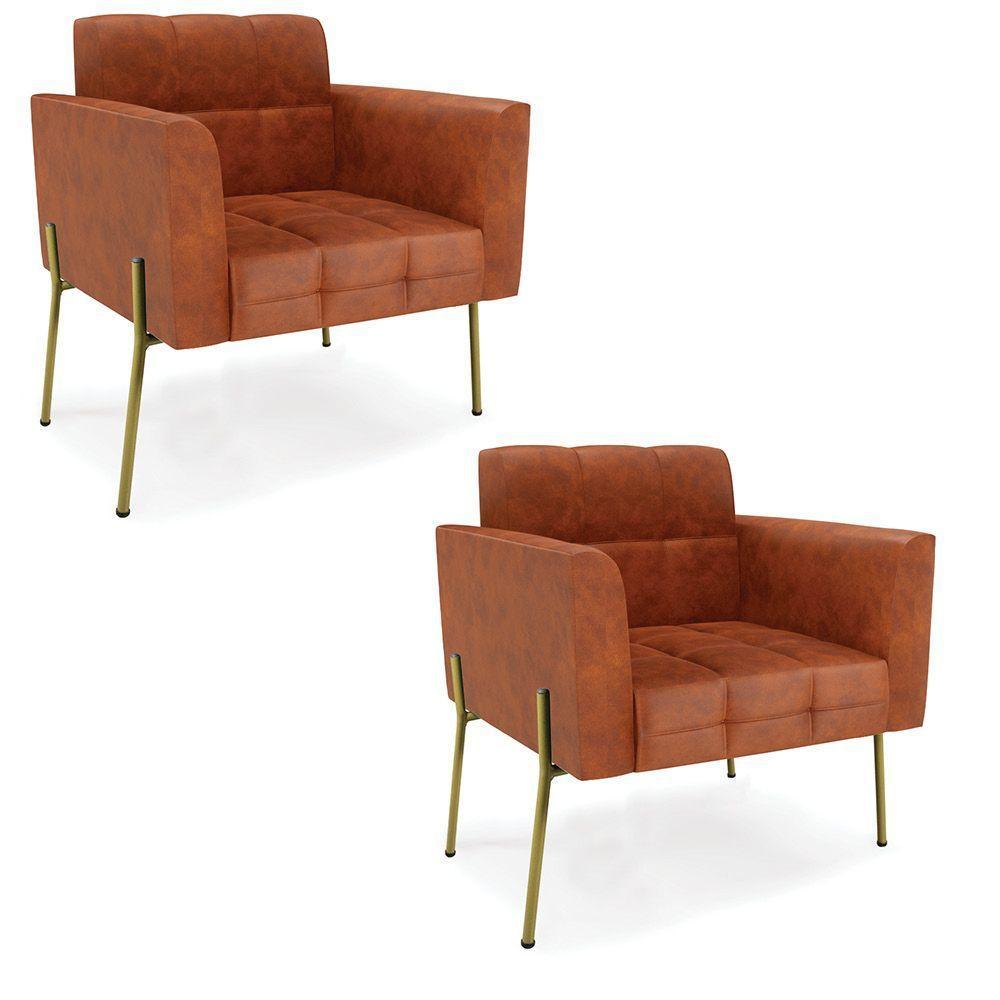 Poltrona Pé De Ferro Dourado Para Sala Kit 2 Elisa Corano D03 - D'rossi Cor Nozes - 1