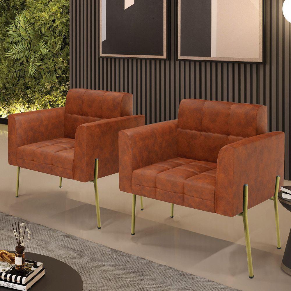 Poltrona Pé De Ferro Dourado Para Sala Kit 2 Elisa Corano D03 - D'rossi Cor Nozes - 6