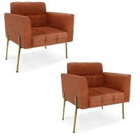 Poltrona Pé De Ferro Dourado Para Sala Kit 2 Elisa Corano D03 - D'rossi Cor Nozes - 1