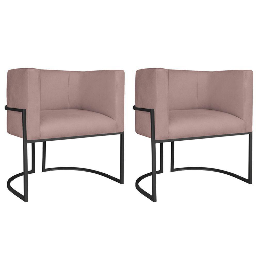 Kit 02 Poltronas Decorativas Luna Base De Ferro Preto Linho Rosê - 1