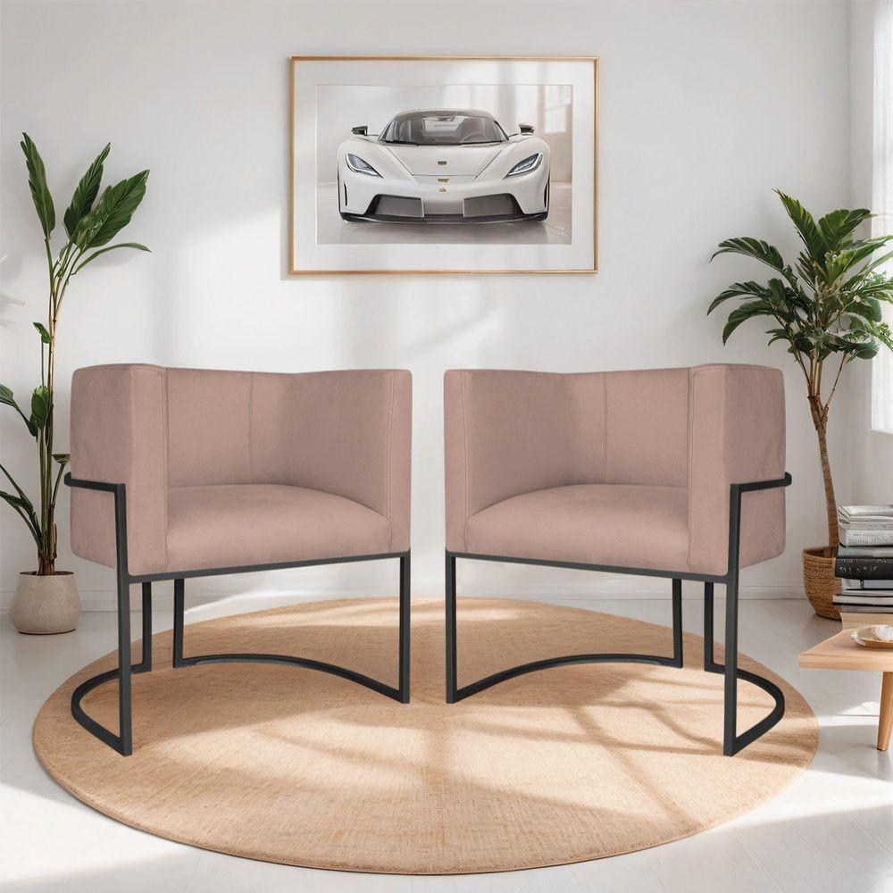 Kit 02 Poltronas Decorativas Luna Base De Ferro Preto Linho Rosê - 8