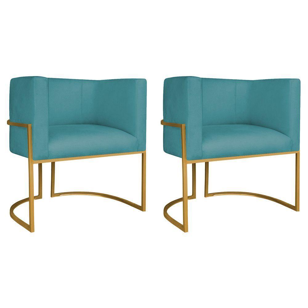Kit 02 Poltronas Decorativas Luna Base De Ferro Dourado Suede Azul Turquesa - 1