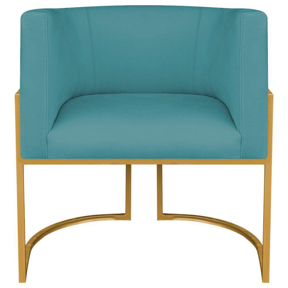 Kit 02 Poltronas Decorativas Luna Base De Ferro Dourado Suede Azul Turquesa - 5