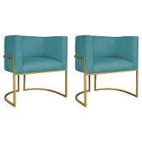 Kit 02 Poltronas Decorativas Luna Base De Ferro Dourado Suede Azul Turquesa - 1