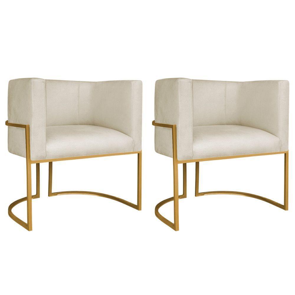 Kit 02 Poltronas Decorativa Luna Base De Ferro Dourado Bouclé Bege - 1