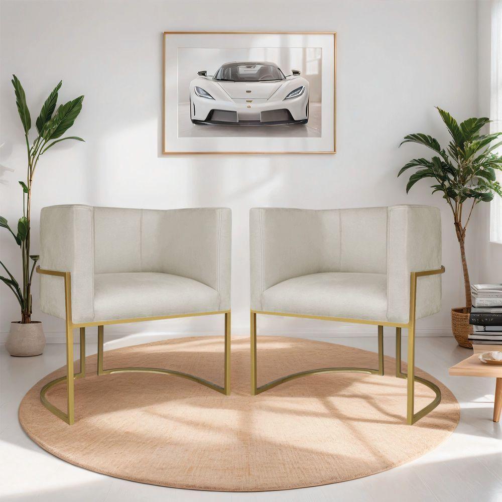 Kit 02 Poltronas Decorativa Luna Base De Ferro Dourado Bouclé Bege - 7