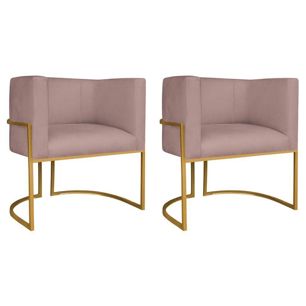 Kit 02 Poltronas Decorativas Luna Base De Ferro Dourado Linho Rosê - 1