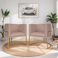 Kit 02 Poltronas Decorativas Luna Base De Ferro Dourado Linho Rosê - 8