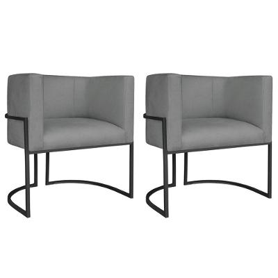 Kit 02 Poltronas Decorativas Luna Base De Ferro Preto Sintético Cor Cinza