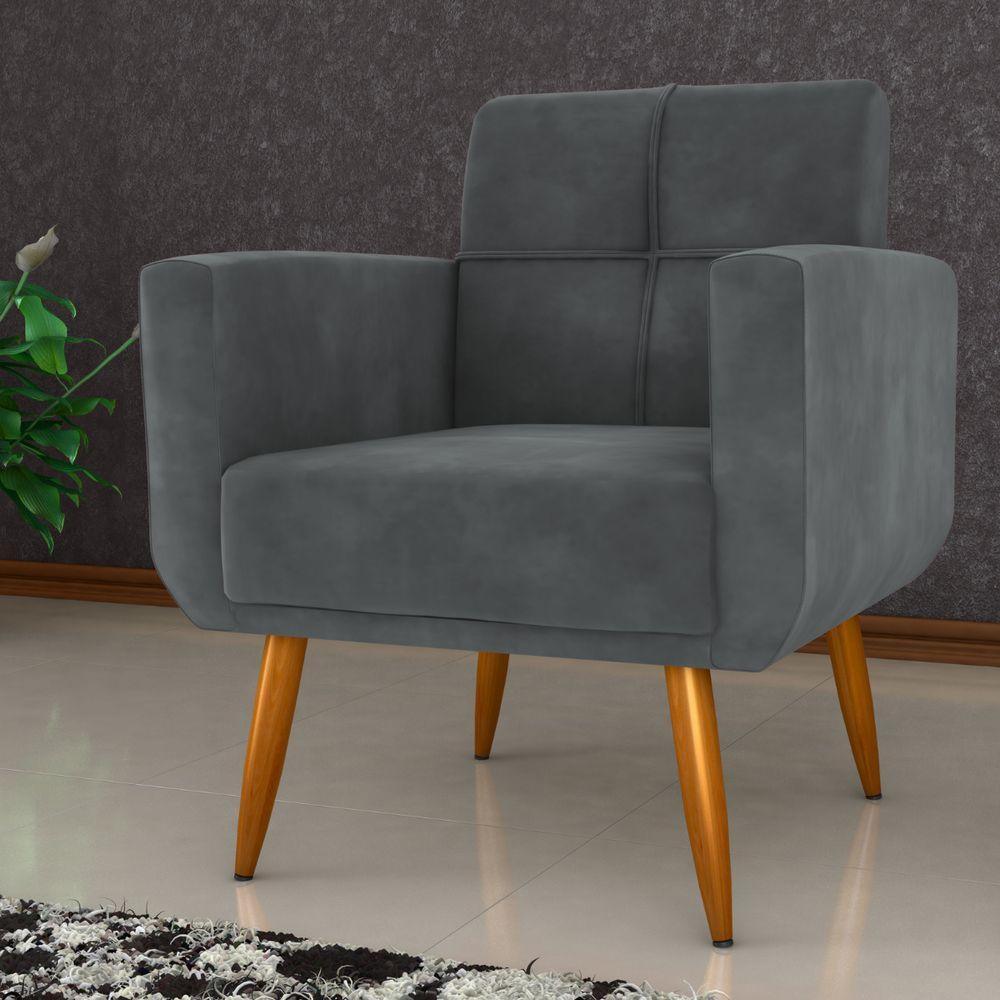 Jogo Poltrona E Puff Para Sala Hazen Veludo Cinza - 3