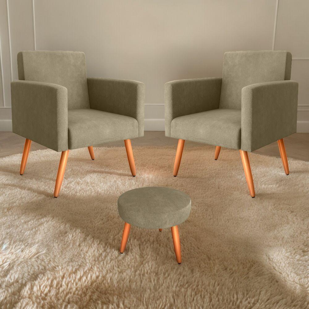 Conjunto Poltronas E Puff Anari Veludo Turkey Cappuccino - 1