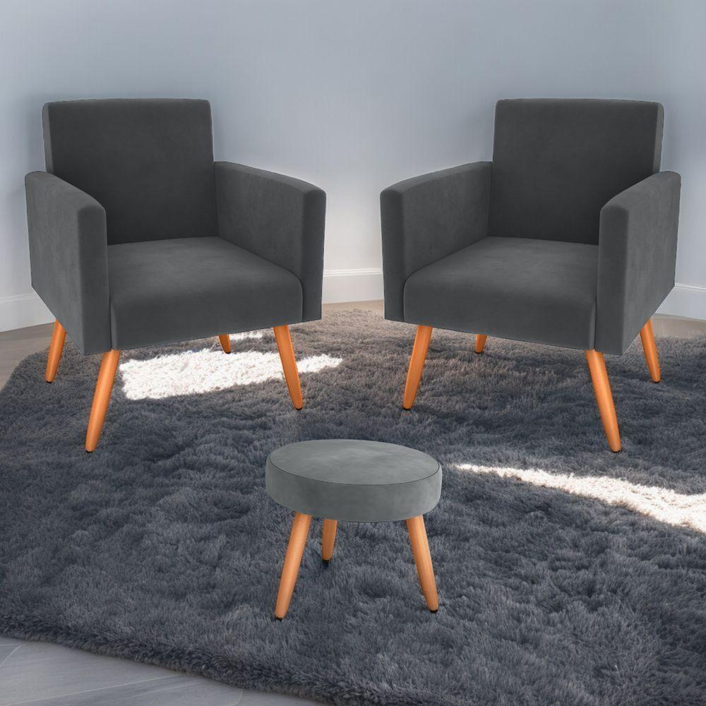 Conjunto Poltronas E Puff Anari Veludo Cinza - 1