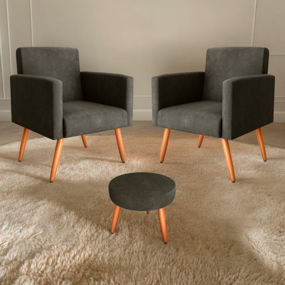 Conjunto Poltronas E Puff Anari Veludo Turkey Marrom - 1