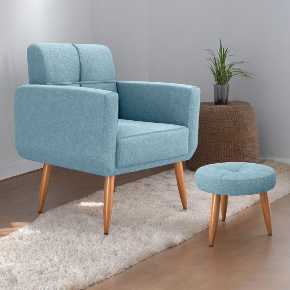 Jogo Poltrona E Puff Para Sala Oliver Boucle Azul - 1