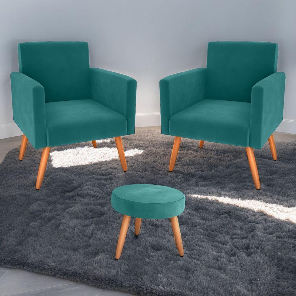 Conjunto Poltronas E Puff Anari Veludo Verde Menta - 1