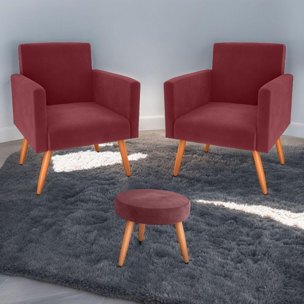 Conjunto Poltronas E Puff Anari Veludo Vinho - 1