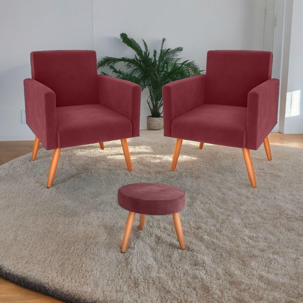 Conjunto Poltronas E Puff Iara Veludo Vinho - 1