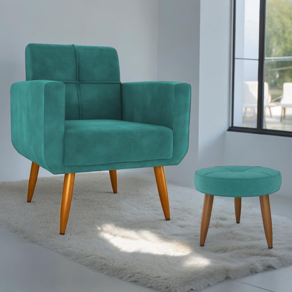 Conjunto Poltrona E Puff Decorativos Josh Veludo Ver Menta - 1