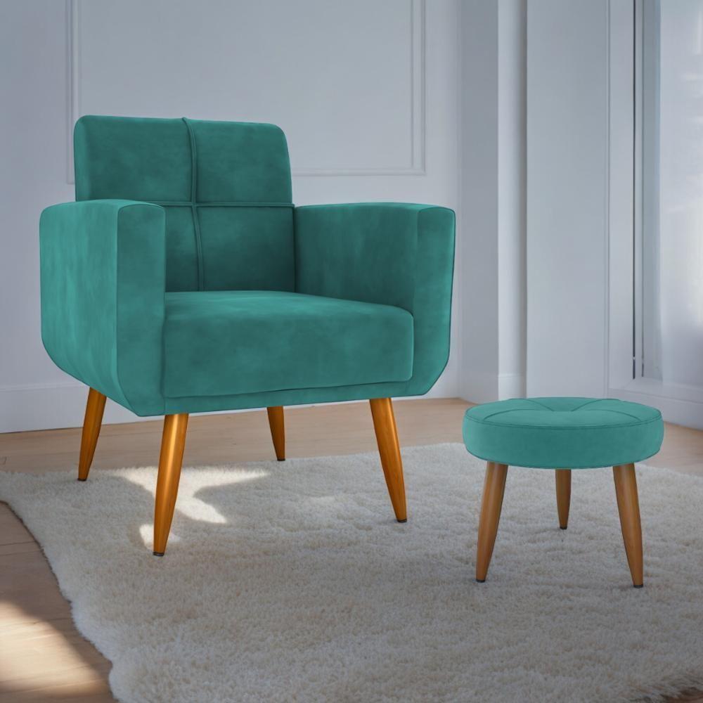 Conjunto De Poltrona E Puff Decorativos Miller Veludo Verde Menta - 1