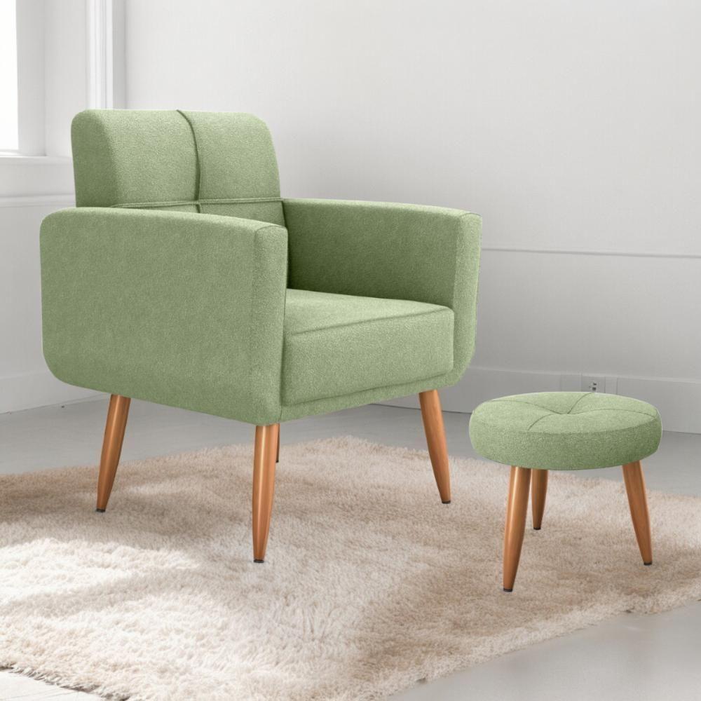 Conjunto De Poltrona E Puff Decorativos Miller Boucle Oliva - 1