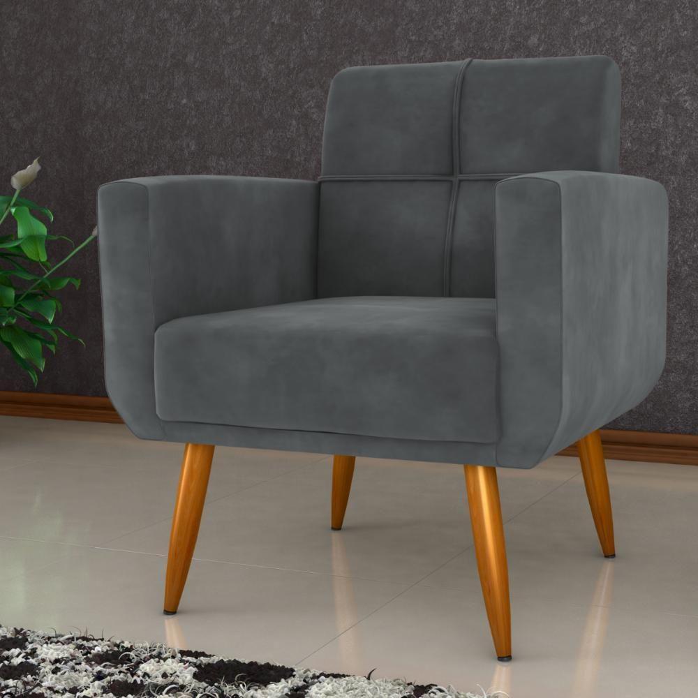 Conjunto De Poltrona E Puff Decorativos Miller Veludo Cinza - 3