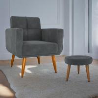 Conjunto De Poltrona E Puff Decorativos Miller Veludo Cinza - 1
