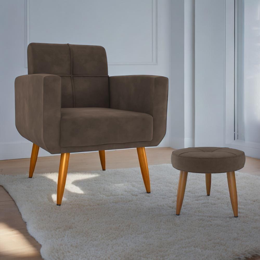 Conjunto De Poltrona E Puff Decorativos Miller Veludo Marrom - 1