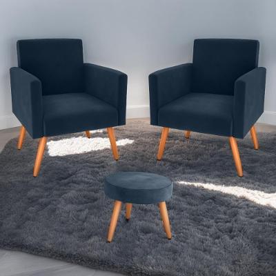 Jogo de Poltronas e Puff Austin Veludo Azul Mais de Casa