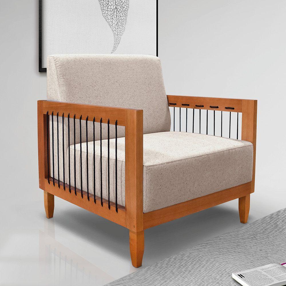 Poltrona Sala De Estar Base De Madeira Mariana Linho S04 - D'rossi Cor Areia - 6