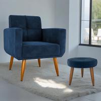 Conjunto Poltrona E Puff Decorativos Josh Veludo Azul - 1