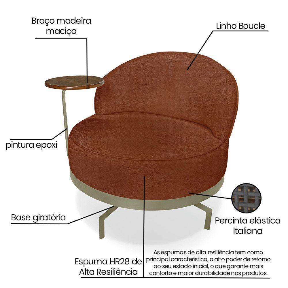 Poltrona Sala De Estar Base Giratória Dourada Aura Bouclê S04 - D'rossi Cor Marrom - 5
