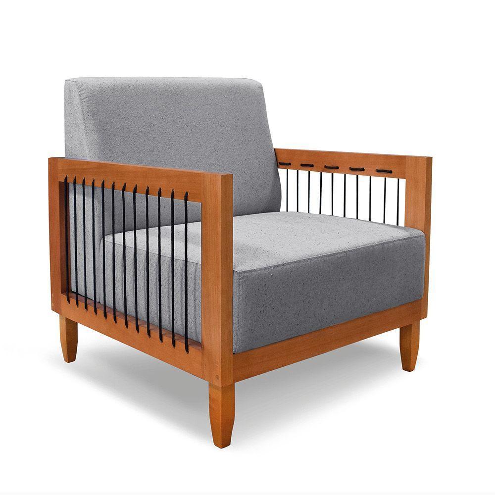 Poltrona Sala De Estar Base De Madeira Mariana Linho Cinza S04 - D'rossi - 1