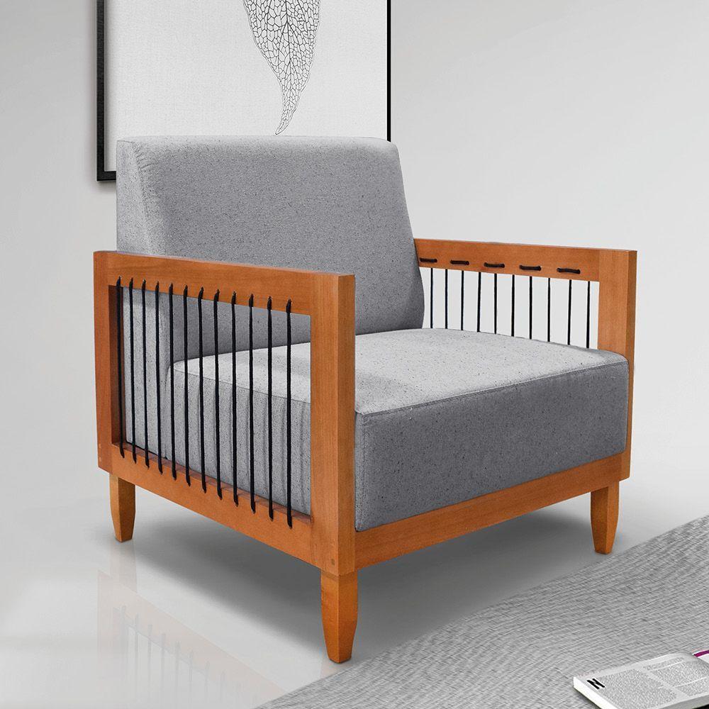 Poltrona Sala De Estar Base De Madeira Mariana Linho Cinza S04 - D'rossi - 6