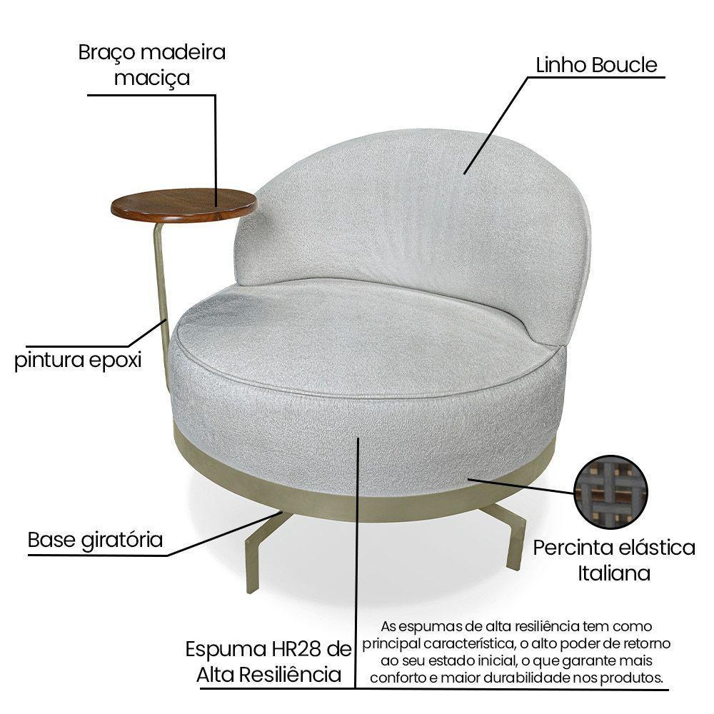 Poltrona Sala De Estar Base Giratória Dourada Aura Bouclê Cinza S04 - D'rossi - 5