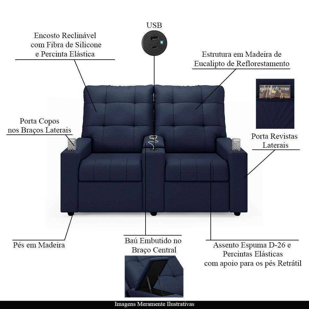Poltrona Reclinável Para Cinema Parma 2 Lugares Baú Usb Pu Fh1 - D'rossi Cor Azul - 7