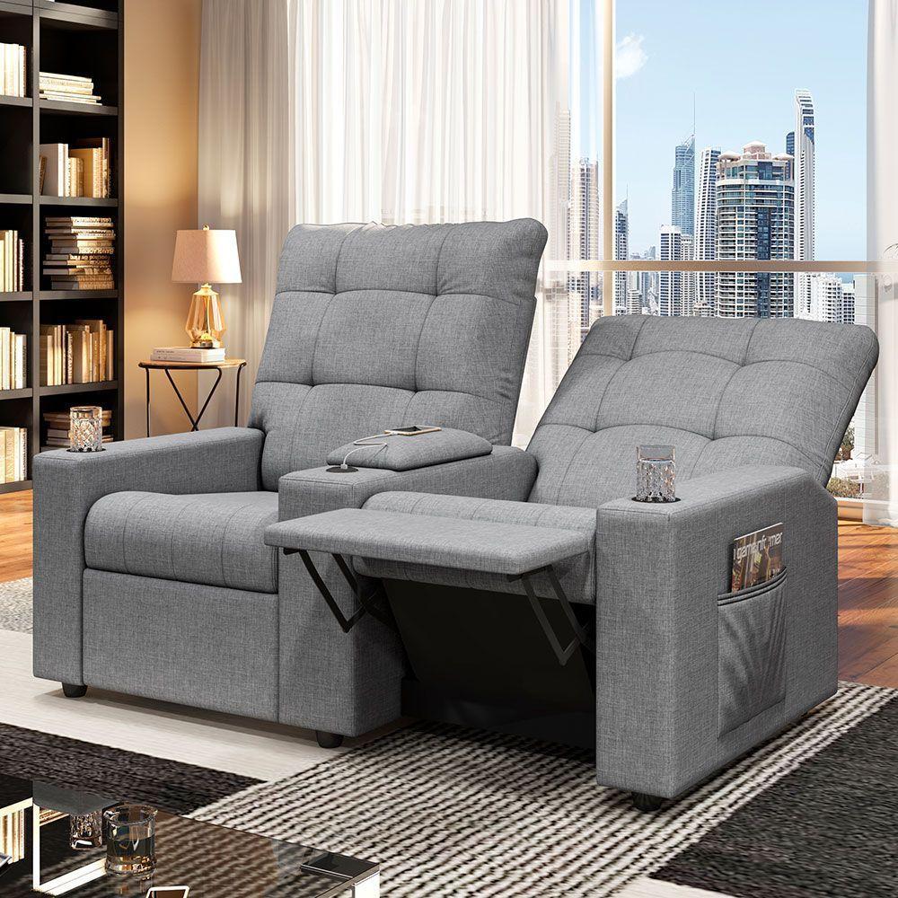 Poltrona Reclinável Para Cinema Parma 2 Lugares Baú Usb Linho Fh1 - D'rossi Cor Cinza - 6