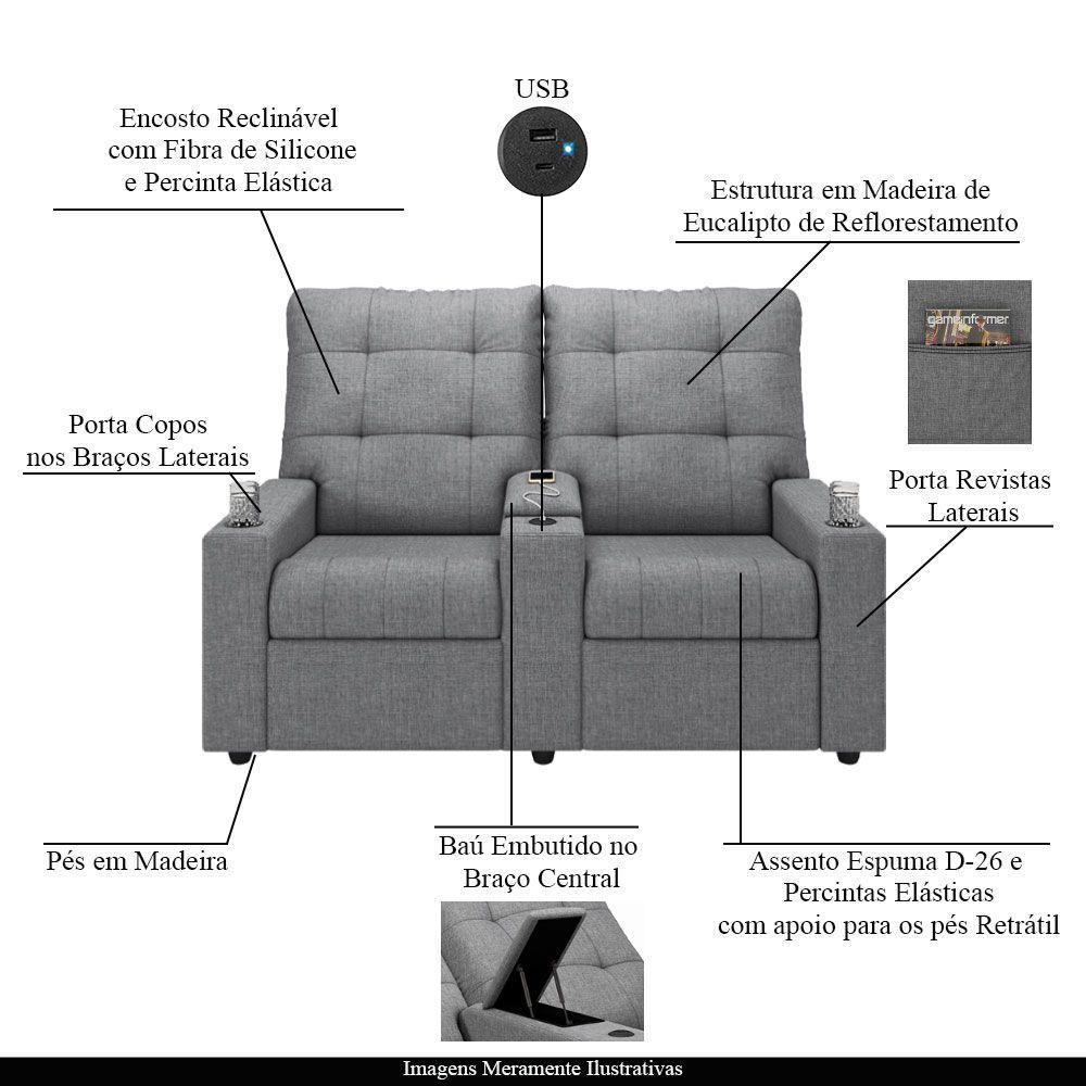 Poltrona Reclinável Para Cinema Parma 2 Lugares Baú Usb Linho Fh1 - D'rossi Cor Cinza - 7