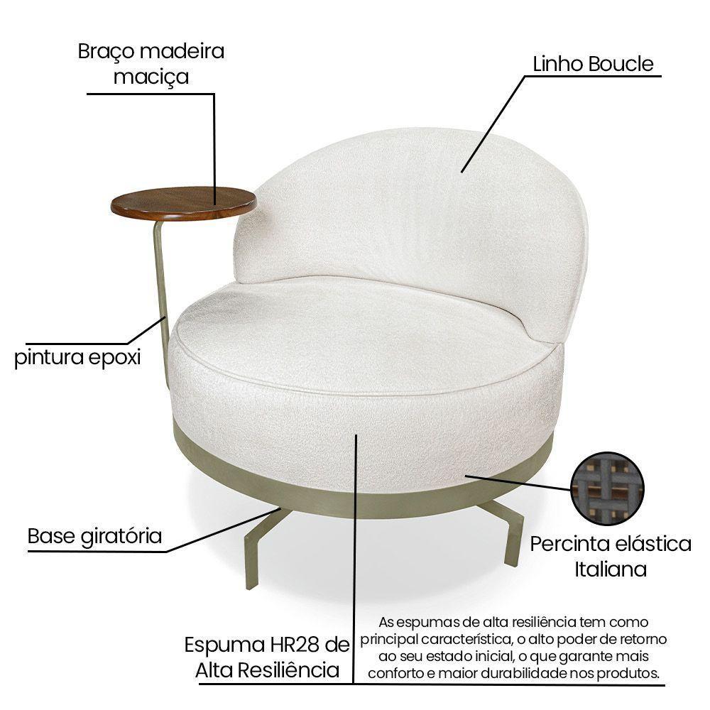 Poltrona Sala De Estar Base Giratória Dourada Aura Bouclê S04 - D'rossi Cor Off White - 5