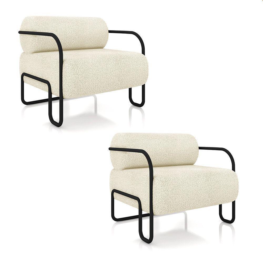 Poltrona Sala De Estar Industrial Preto Kit 2 Ameli Bouclê K01 - D'rossi Cor Bege - 1