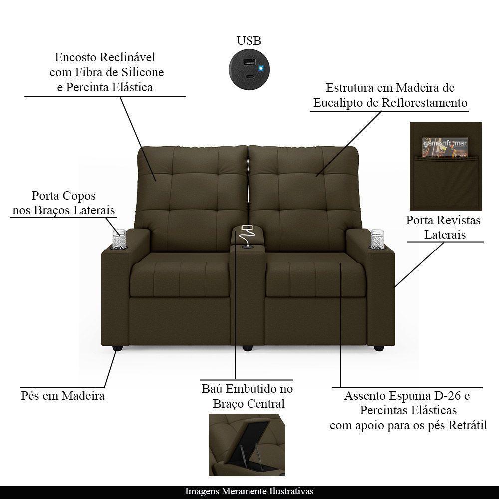 Poltrona Reclinável Para Cinema Parma 2 Lugares Baú Usb Veludo Fh1 - D'rossi Cor Capuccino - 7