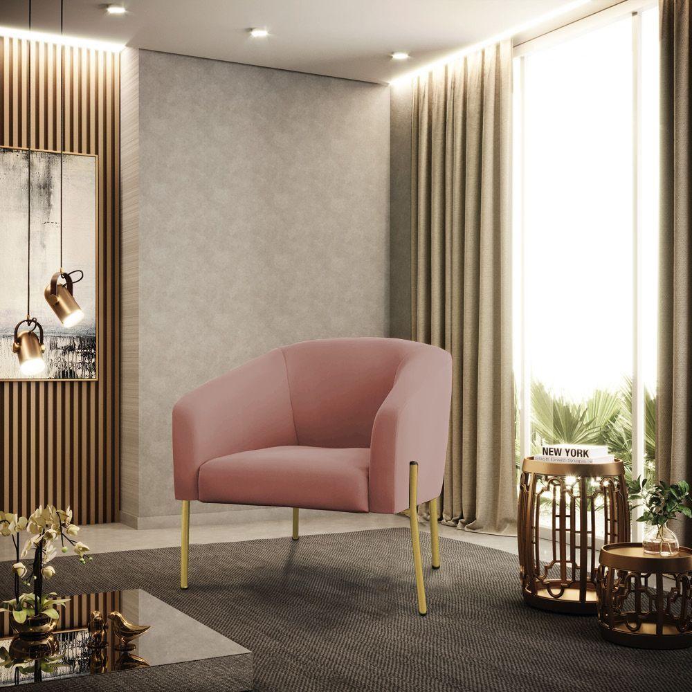 Poltrona Pé De Ferro Dourado Kit 2 Stella Veludo Rosê D03 - D'rossi - 1