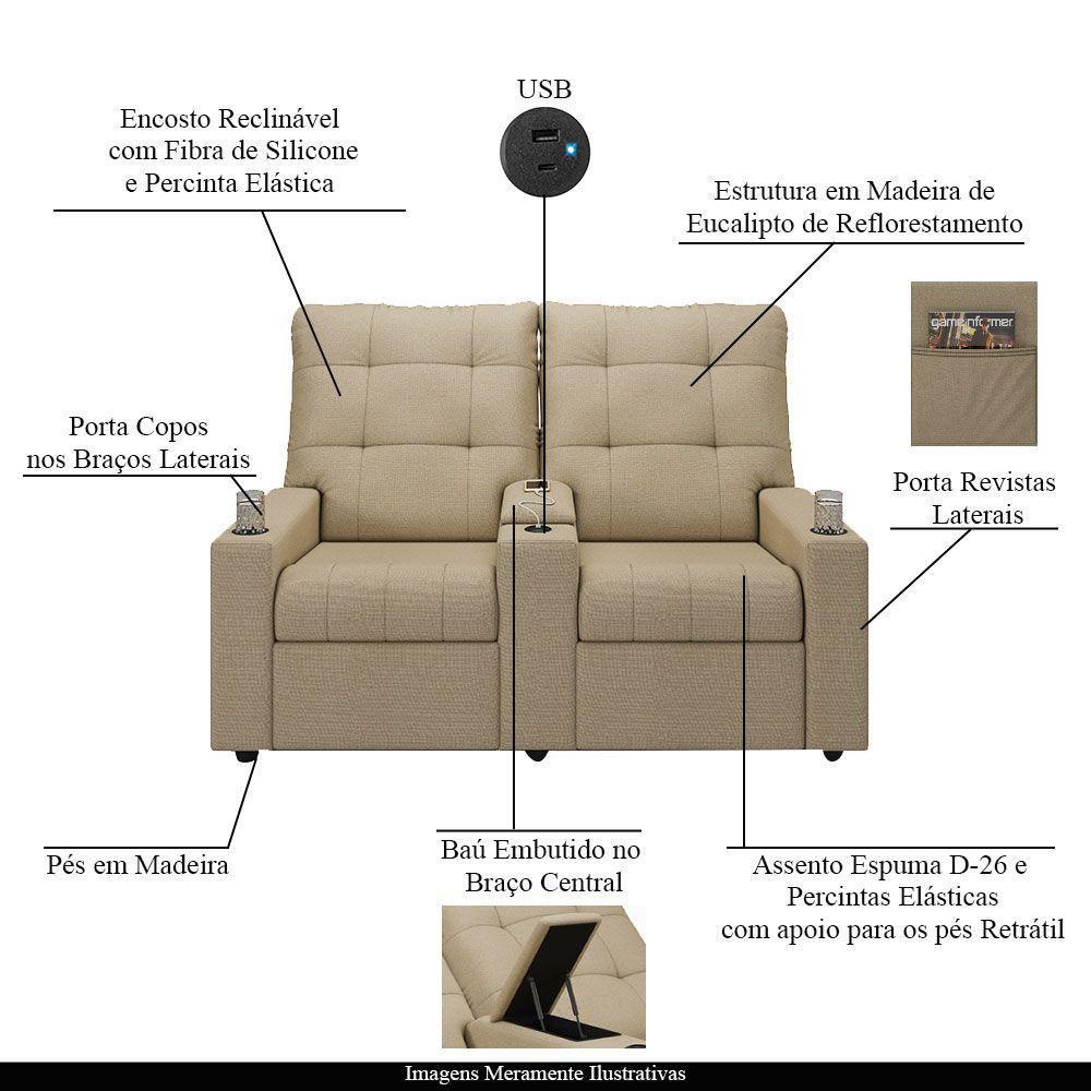 Poltrona Reclinável Para Cinema Parma 2 Lugares Baú Usb Linho Bege Fh1 - D'rossi - 3